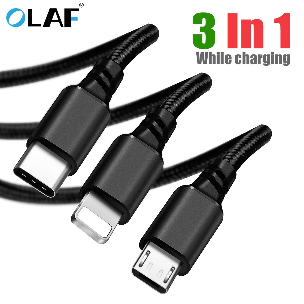 OLAF 3 in 1 USB Cable for Mobile Phone Micro USB Type C Charger Cable for iPhone X 8 7 6 S9 S8 Charging Cable Micro USB Charger Cord (Black)