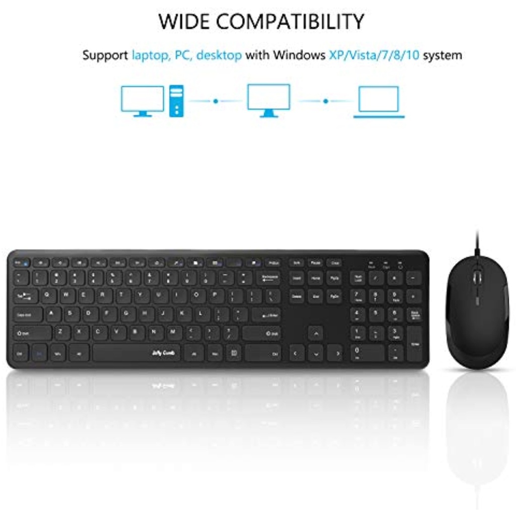 Wired Keyboard and Mouse, Jelly Comb Ultra Thin Full Size USB Wire Corded Keyboard Mouse Combo Set with Number Pad for Computer, Laptop, PC, Desktop, Notebook, Windows 7, 8, 10 (Black)