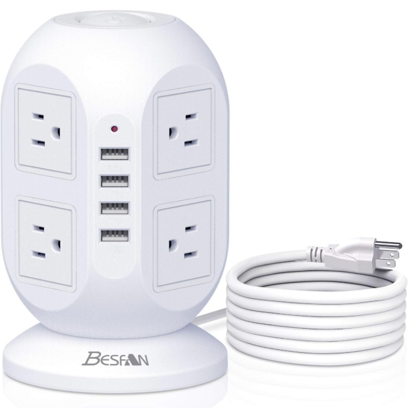 BESFAN Tower Power Strip Surge Protector 4 USB Ports 8 AC Outlets