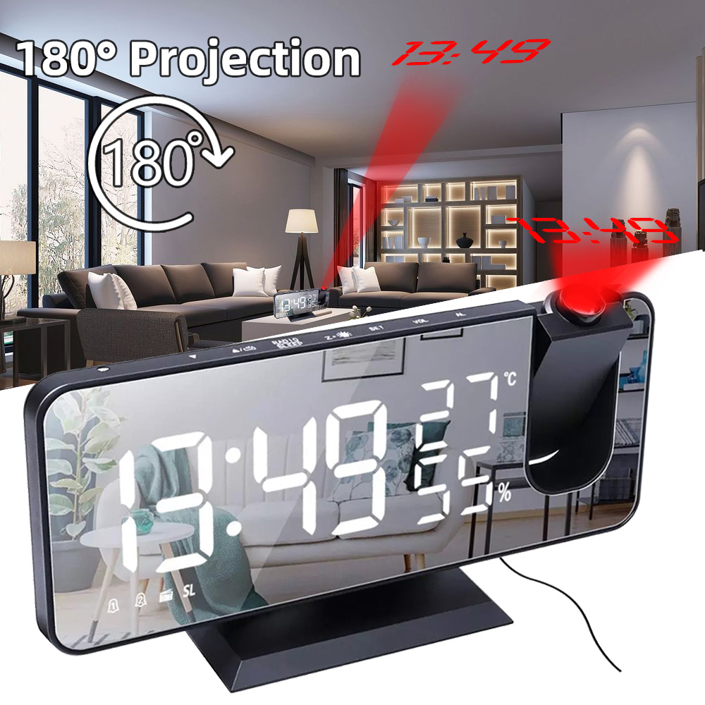 180° Projection LED Digital Smart Alarm Clock USB Charge FM Radio: White on Tyrant Gold