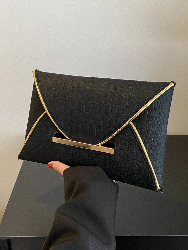 Crocodile Embossed Contrast Binding Envelope Bag - Black