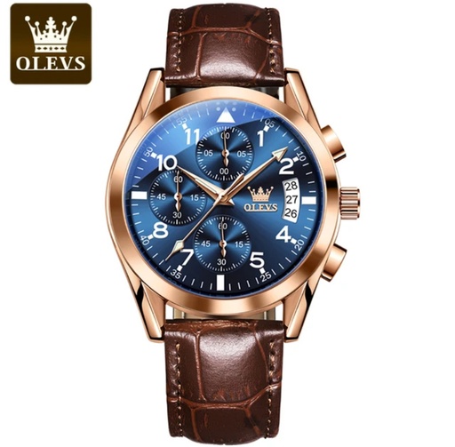 OLEVS Luxury Men's Watches Brown Leather  - Blue Dial